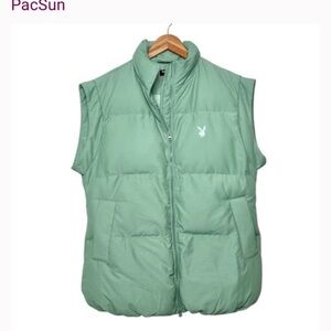 Pacsun‎ x Playboy Collab Puffer Vest Size XS/S Sage Green Logo Oversized